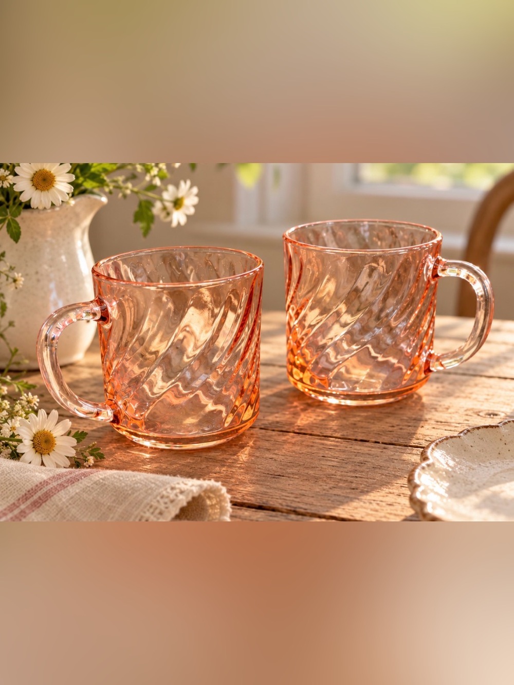 VTG Arcoroc Rosaline Pink Swirl Glass Mugs. French Made. Set of 2.